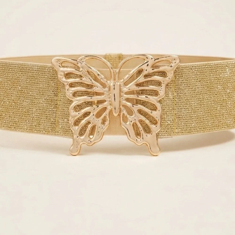 Gold Glitter Elastic Butterfly Buckle Cinch Belt Metallic Wide Waist Band Y2K